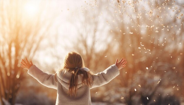 young girl throwing snow in the air at sunny