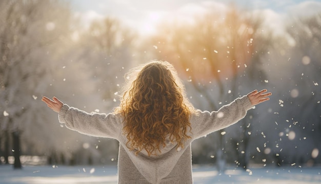 Молодая девушка бросает снег в воздух в солнечное время