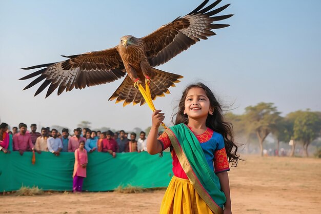 Young girl in traditional indian clothing holding black kite high above head launching it on sankranti republic