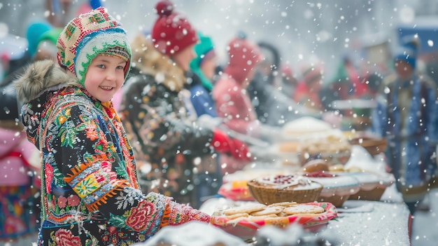 a young girl in a traditional winter outfit smiles at the camera she is standing in a snowy market with food stalls