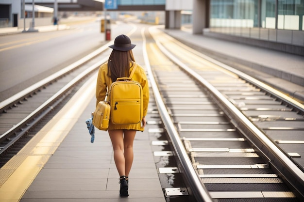 Young girl traveler walking with a yellow suitcase at the modern transport stop outdoors rear view