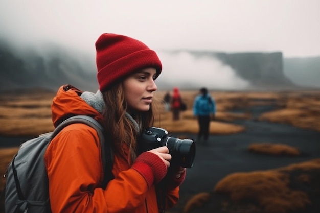 Young girl travels with camera and backpack Generative AI