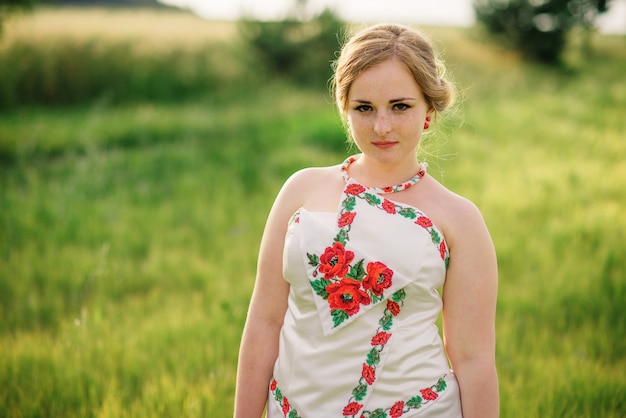 花輪のフィールドでポーズをとってウクライナの民族衣装で若い女の子。