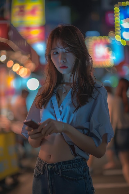 Young girl using smart phone in the middle of the street bursting with people