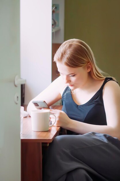 家でスマートフォンとパソコンを使う若い女の子