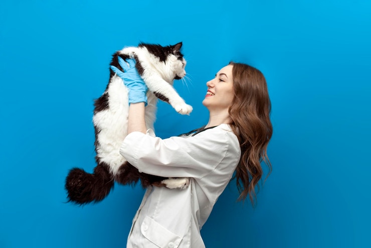 Photo 制服を着た若い女の子の獣医師は、青の孤立した背景に黒と白の猫を保持しています