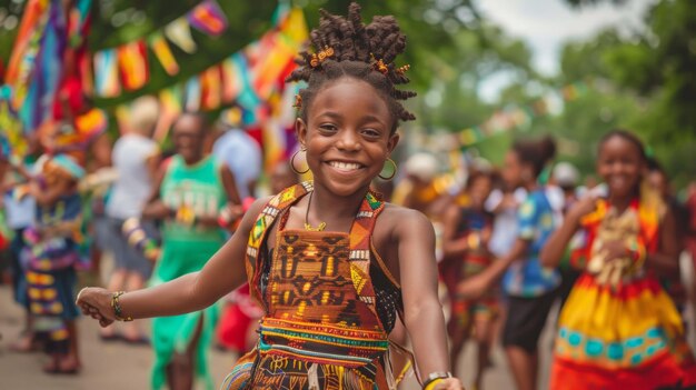 Young girl in vibrant African attire dancing at a street festival with blurry colorful background