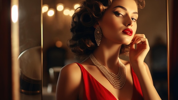 Young girl in vintage dress wearing intense red lipstick