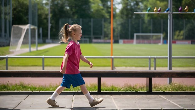 Young girl walking near sportsground