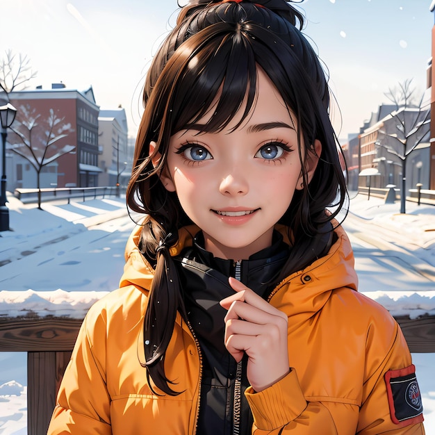 young girl walking in winter street