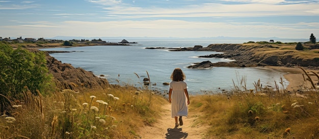 Photo a young girl walks along the path to the sea panorama