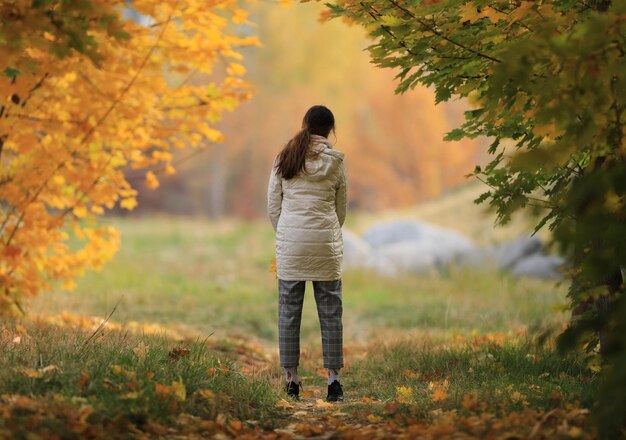 a young girl walks in the autumn maple alley