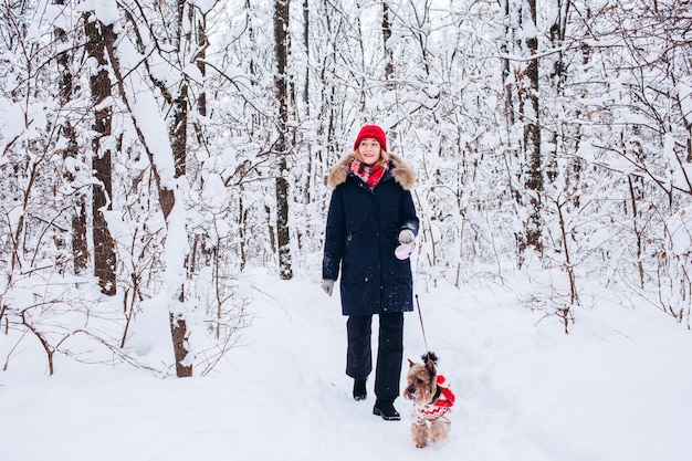 若い女の子は、クリスマスセーターを着て犬と一緒に冬に低い森の中を歩きます