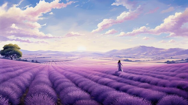 Young girl walks through lavender field Walk through the flower meadow Woman surrounded by purple