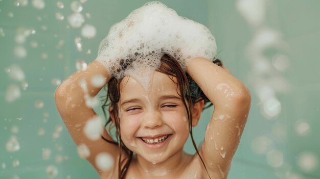 Young girl washing hair in tub