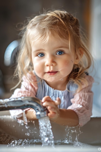 Фото Молодая девушка моет руки, подходящая для концепции гигиены