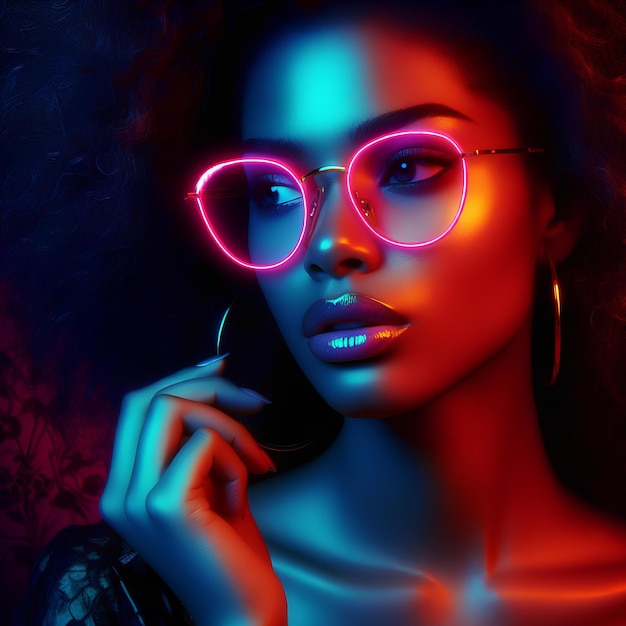 Young girl wear neon light sunglasses with neon light effect