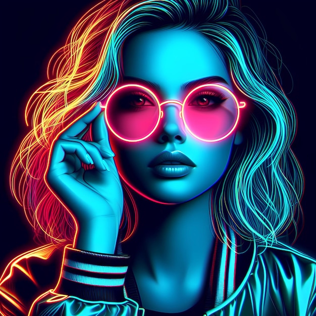 Young girl wear neon light sunglasses with neon light effect