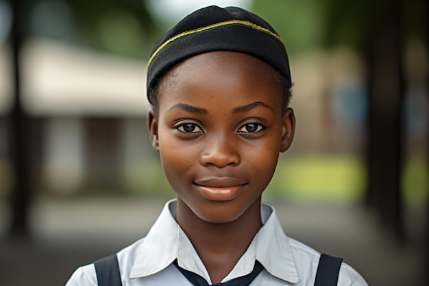 a young girl wearing a black hat and a white shirt