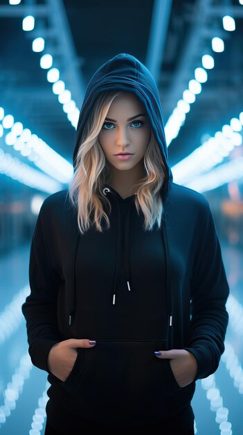 Foto ragazza giovane che indossa un cappuccio nero in stile cyberpunk ai generativa