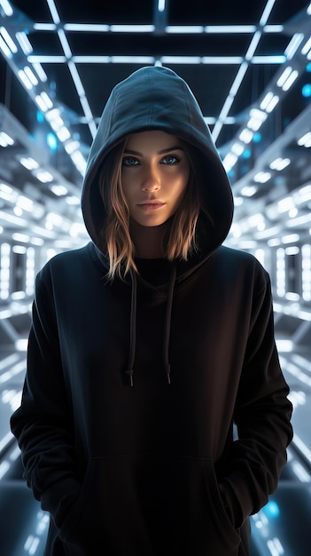 Foto ragazza giovane che indossa un cappuccio nero in stile cyberpunk ai generativa