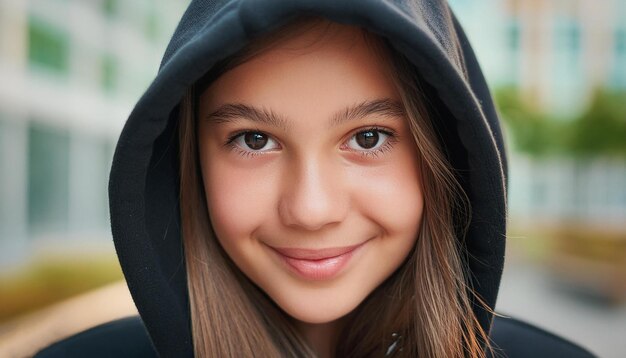 Photo a young girl wearing a black hoodie