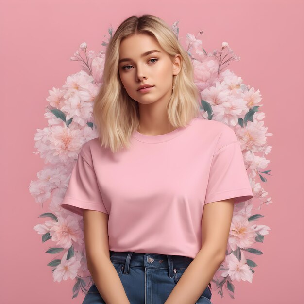 young girl wearing a blank oversized cotton pink with flowers t shirt