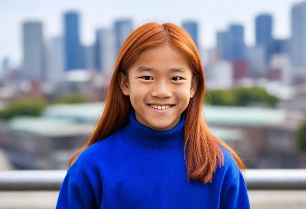 a young girl wearing a blue sweater with the word quot on it quot