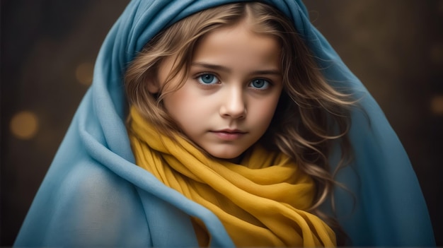 A young girl wearing a blue and yellow scarf