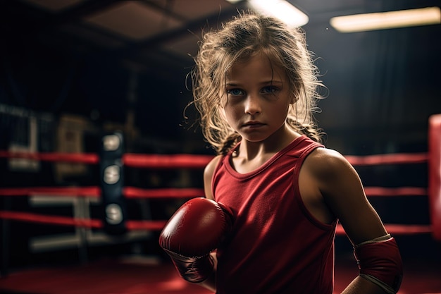 A young girl wearing boxing gloves standing in a boxing ring