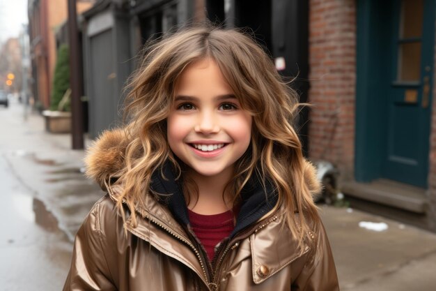 a young girl wearing a brown coat and smiling