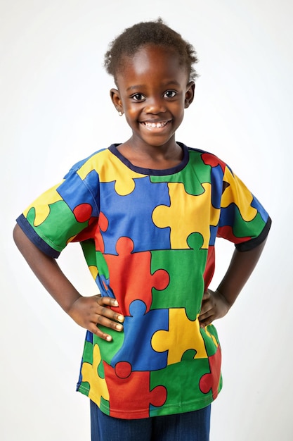 a young girl wearing a colorful shirt