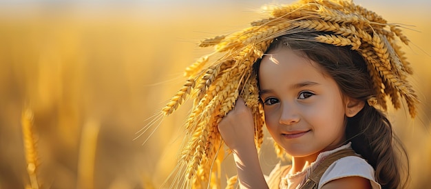 A young girl wearing a ear wreath and holding a bunch of wheat near ripe golden wheat Space for text