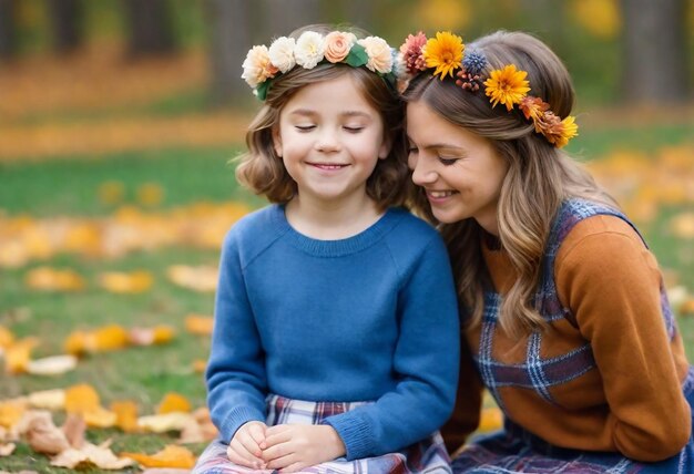 Photo a young girl wearing a flower crown sits on the grass with her mother