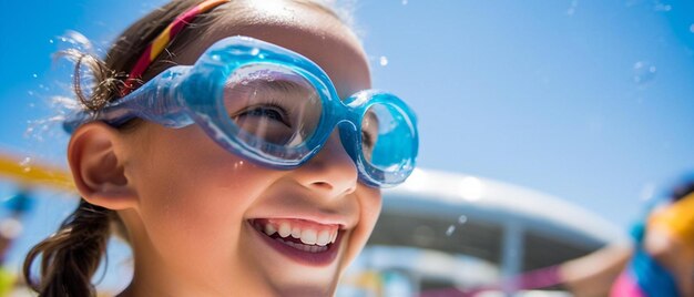 A young girl wearing goggles and smiling at the camera