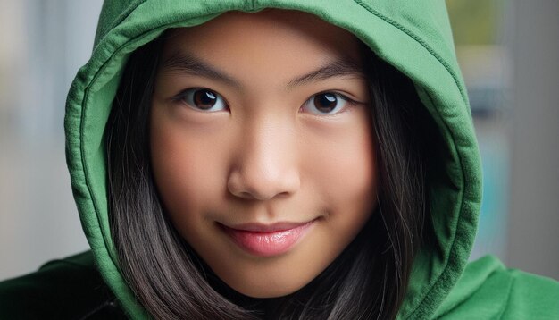 Photo a young girl wearing a green hoodie