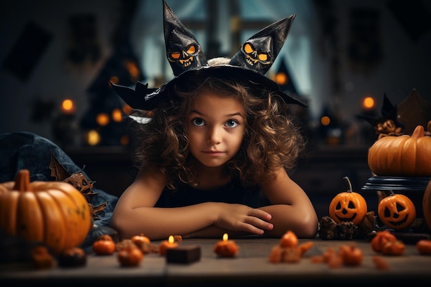 ハロウィーン・コスチュームを着た若い女の子が通りでキャンディーを拾っている