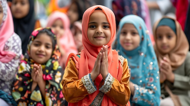 Photo a young girl wearing a head scarf smiles at the camera while standing in a group of other girls