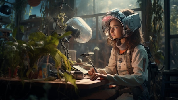 Young Girl Wearing Helmet Sitting at Desk