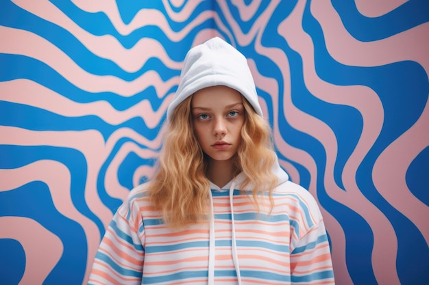 A young girl wearing a hoodie and a hat