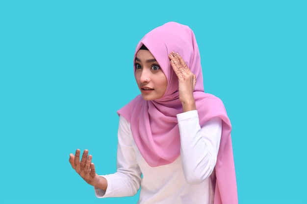 young girl wearing pink hijab confused indian pakistani model