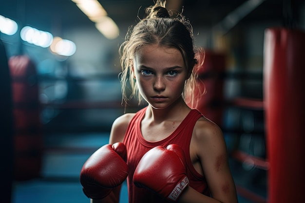 A young girl wearing red boxing gloves in a boxing ring