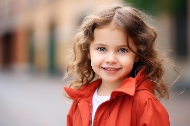 a young girl wearing a red jacket with a white shirt and a white shirt