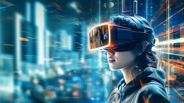 Young girl wearing vr augmented reality headset in digital environment