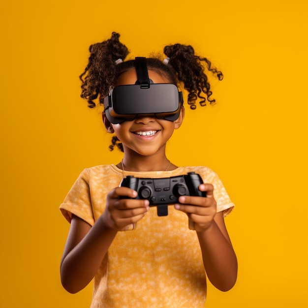 Young girl wearing VR glasses Created with Generative AI technology