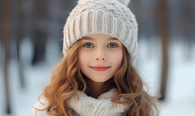 A young girl wearing a white hat and scarf