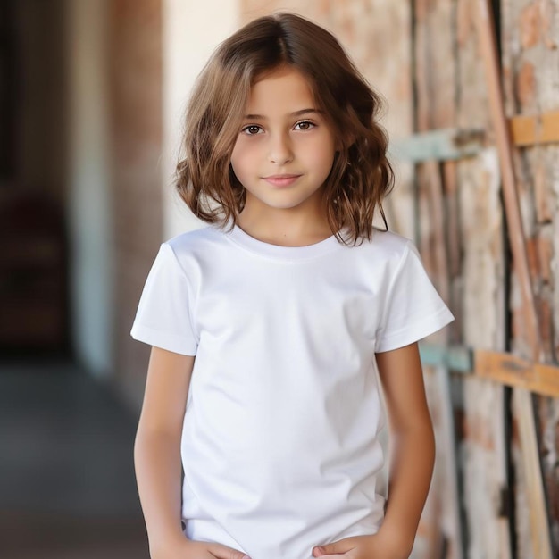 A young girl wearing a white shirt with a white shirt that says " i love her ".