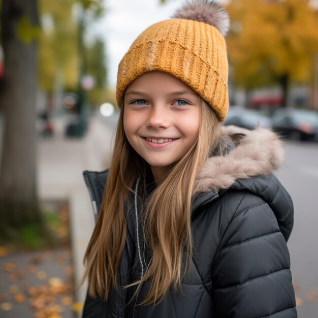 a young girl wearing a yellow hat and jacket on the street