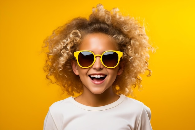 Young girl wearing yellow sunglasses and smiling at the camera with yellow background Generative AI