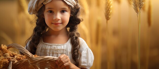 Young girl in wheat field with bread basket and long bread wearing a spikelet wreath